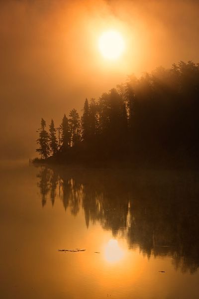 Canada-Ontario-Kenora Isabel Lake in fog at sunrise